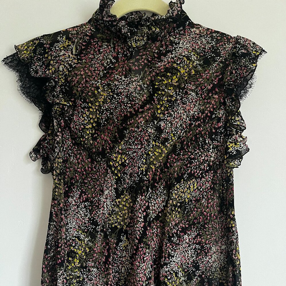 Giambattista Valli Womens Ruffle Blouse Floral Print Short Sleeve Black Size ?